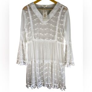 Boho Sheer White Embroidered Babydoll Dress Tassel Boho Festival L NWT Costal